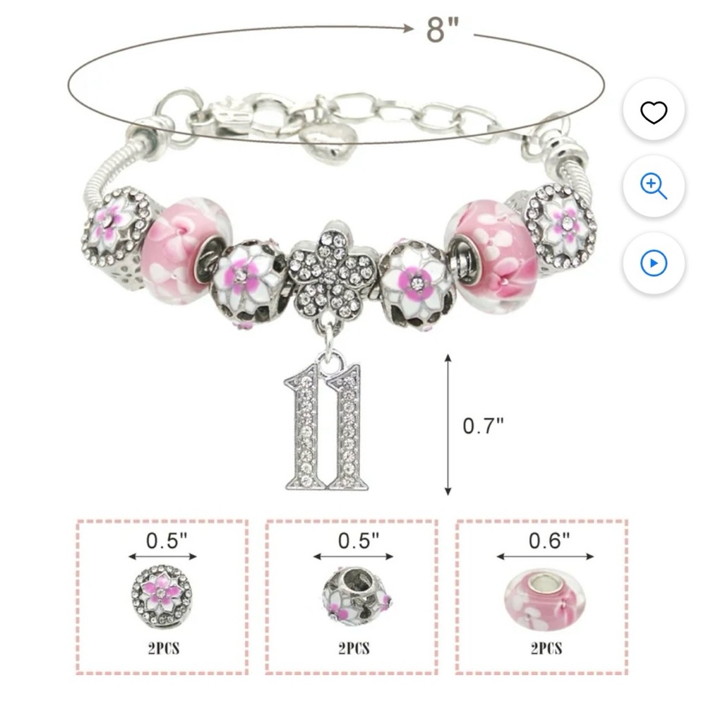 8" Charm Bracelet Silver Happy 11th Birthday Crystal Pave Setting, Enamel Beads - Picture 7 of 8
